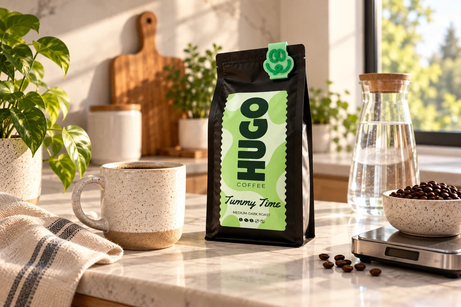 Hugo Coffee beans and a morning brewing setup
