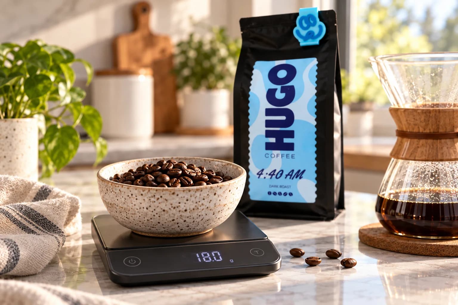 Coffee beans measured on a kitchen scale