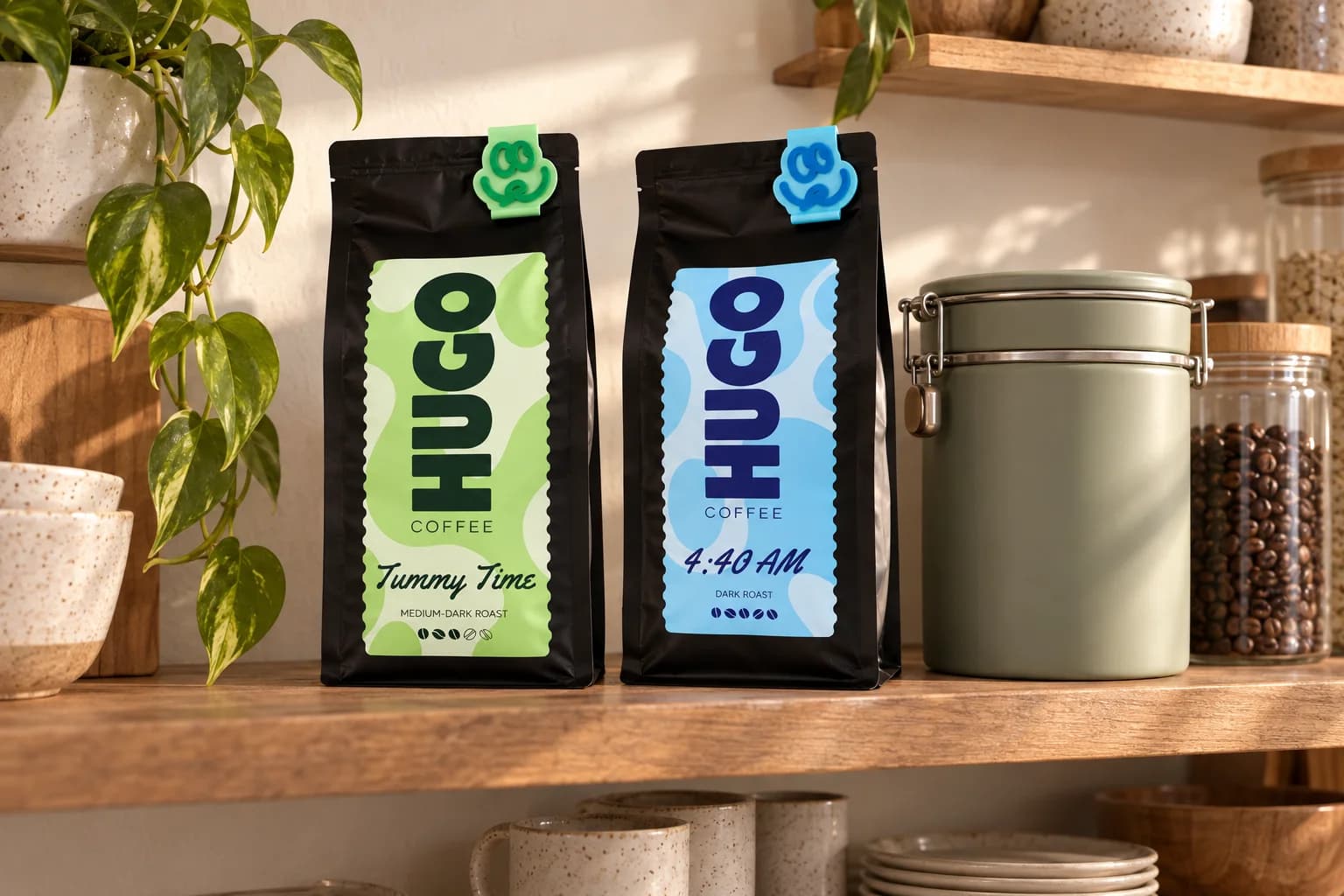 Hugo Coffee bags and a sealed coffee storage container