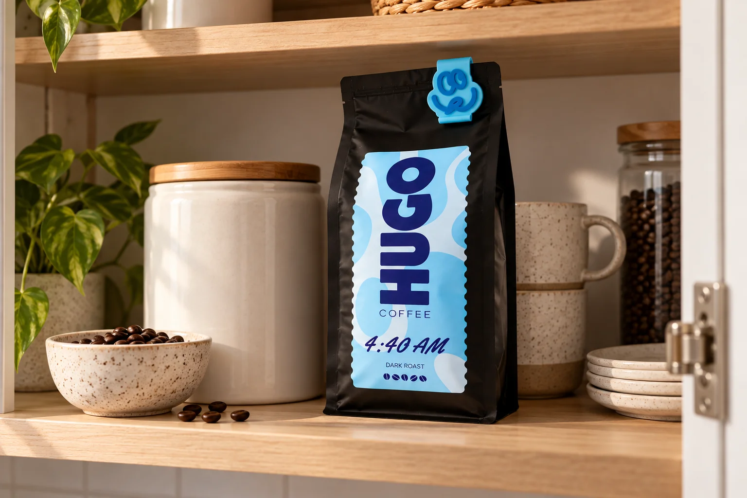 Hugo Coffee stored in a cool kitchen cupboard