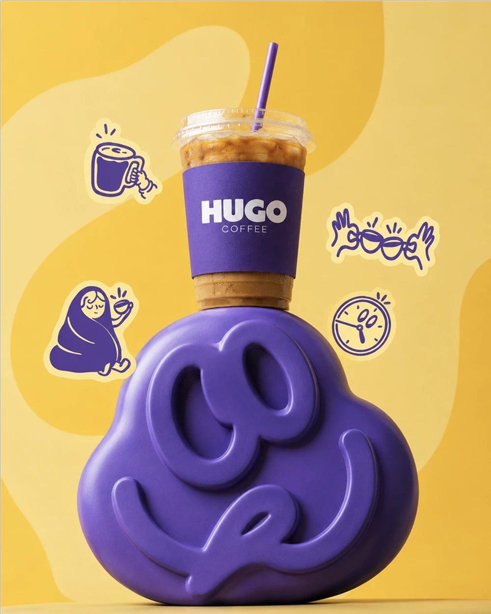 Hugo iced coffee and purple smiley on yellow