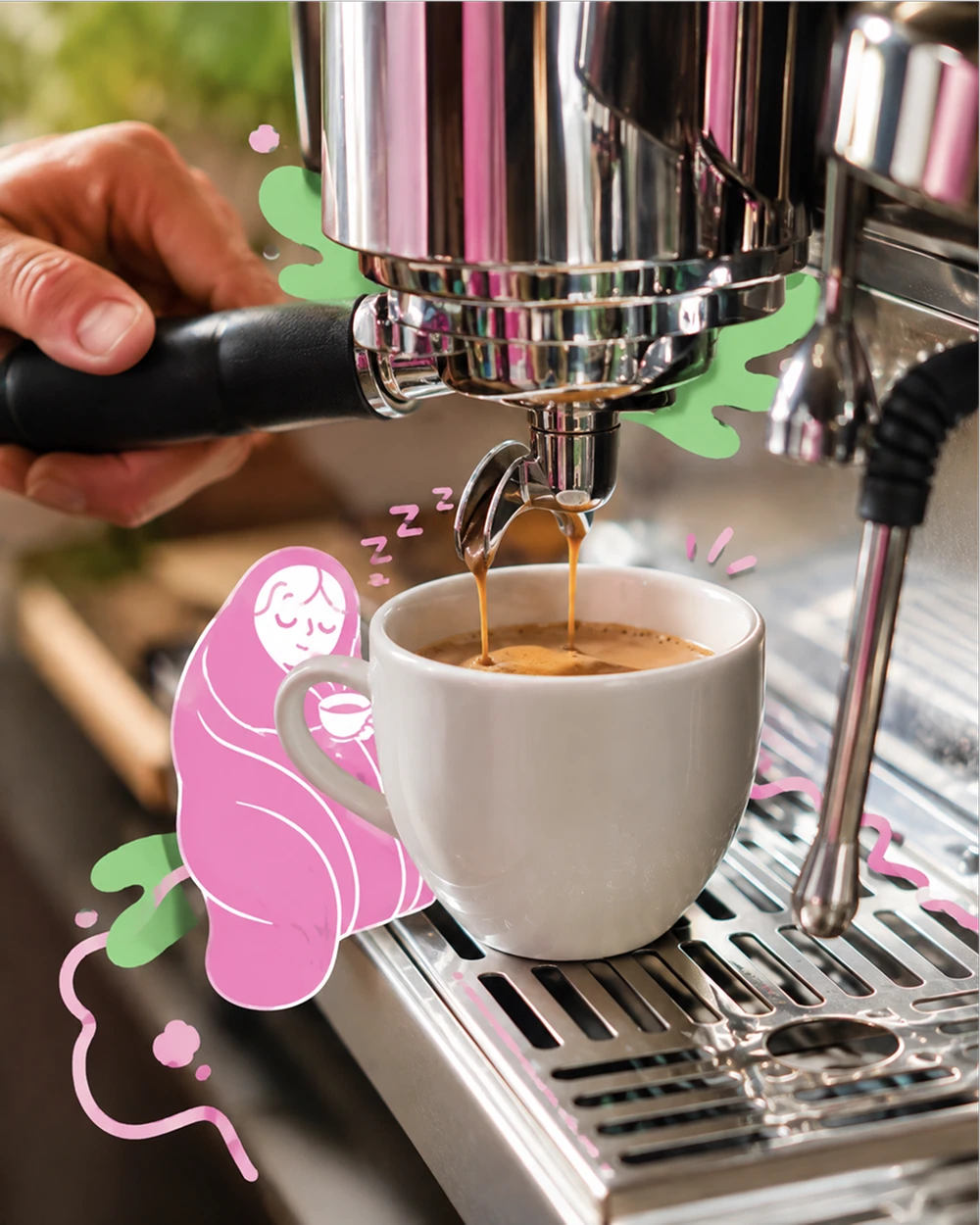 A fresh espresso with pink Hugo stickers
